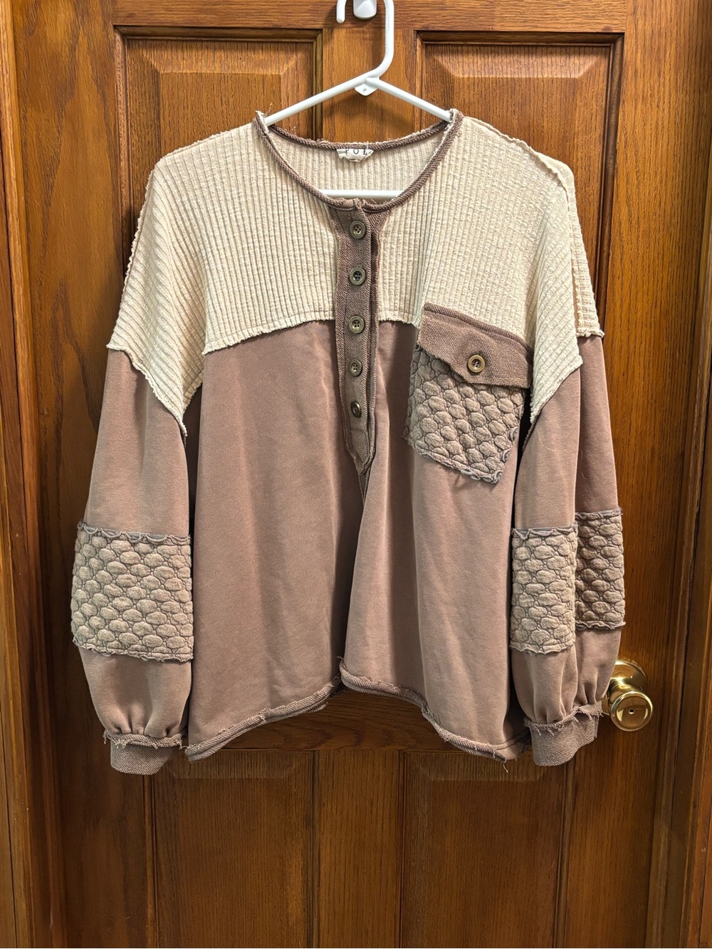POL Oversized Mixed Media Colorblock Henley Pullover Top - Small